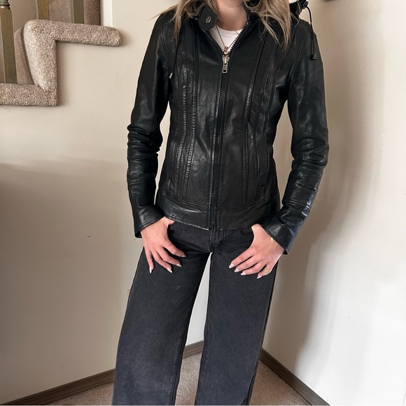 Soia & Kyo Hooded Black Leather Zip Motorcycle Jacket Women's Size X Small - Picture 10 of 15